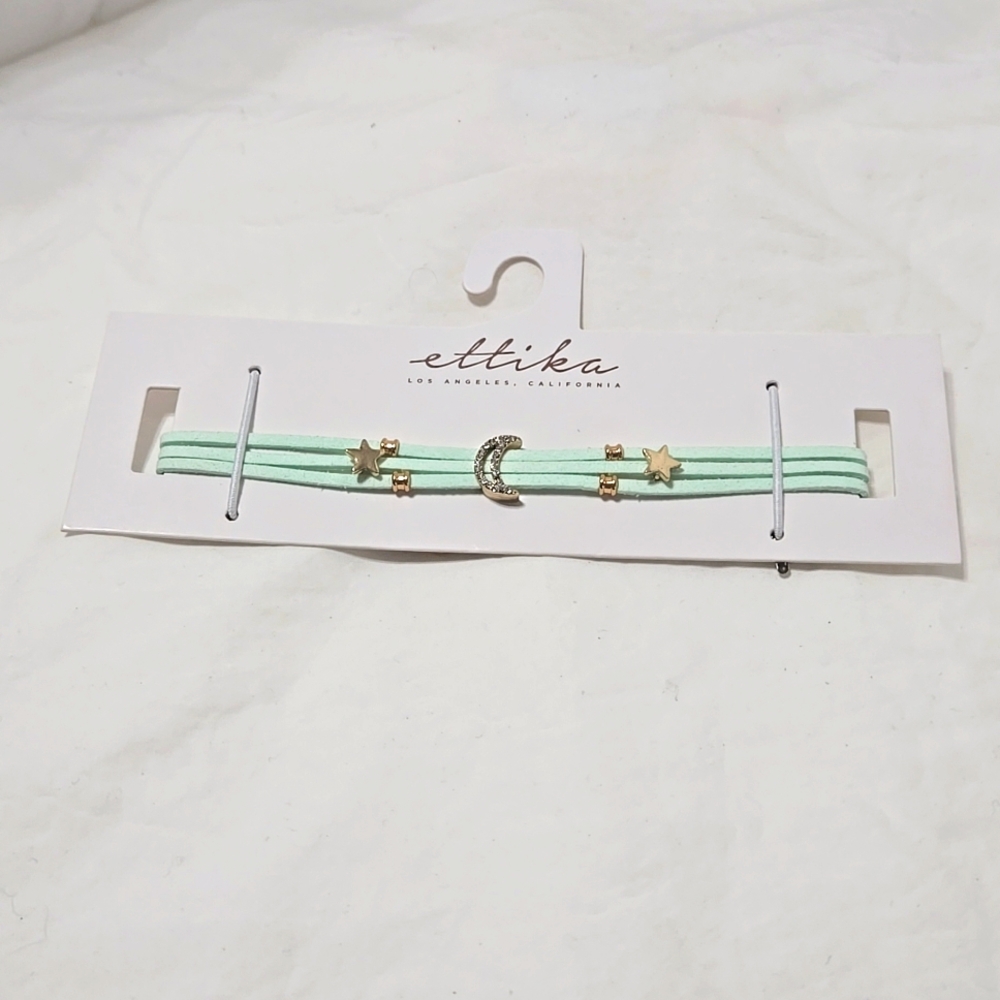 Ettika Aqua & Gold Tone Beaded, Moon and Star Charm, Choker Necklace CH473 NWT